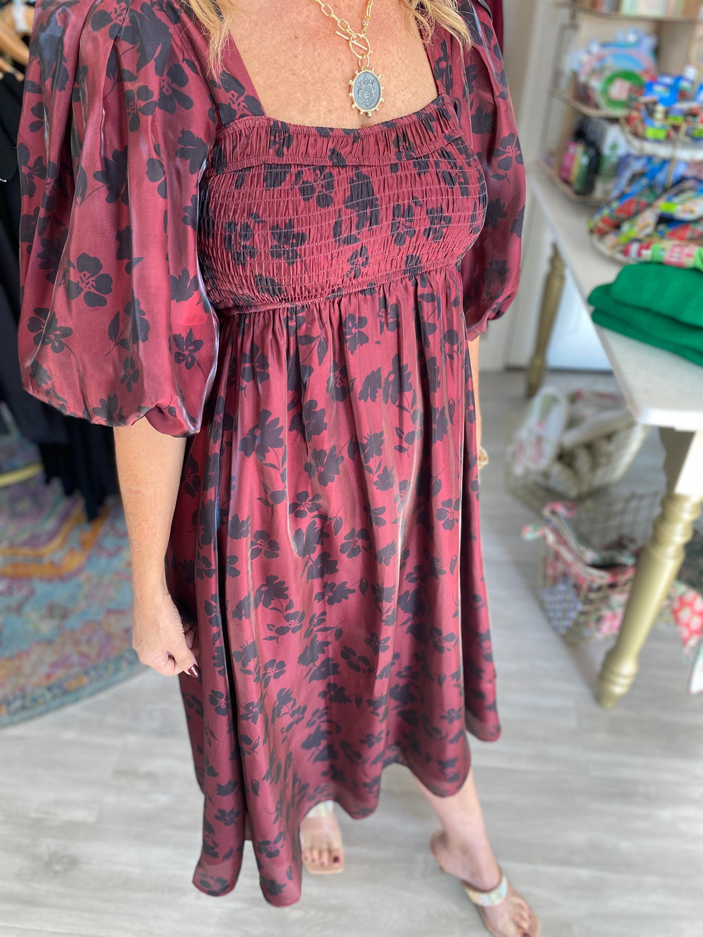 Two Tone Floral Smocked Bust Midi Dress