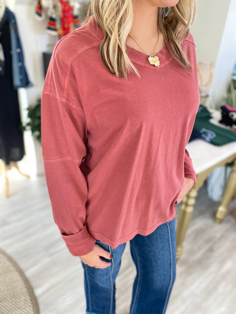 Pigment Wash V Neck Long Sleeve Tee