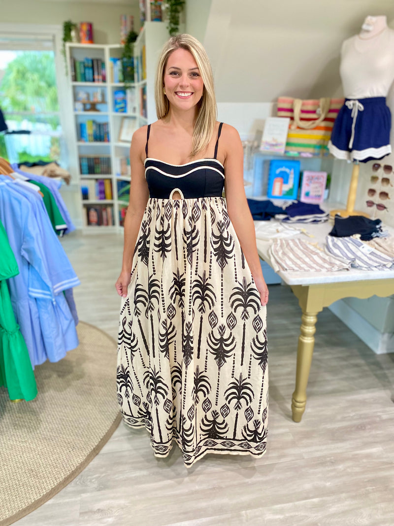 Two Tone Tropical Print Empire Waist Maxi Dress
