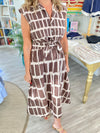 Two Tone Geometric Smocked Waist Sleeveless Midi Dress