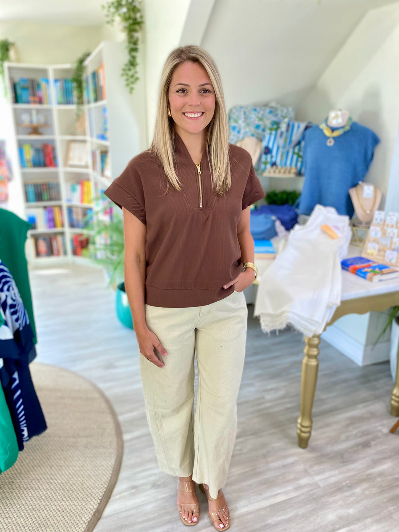 Ribbed High Neck Half Zip Top