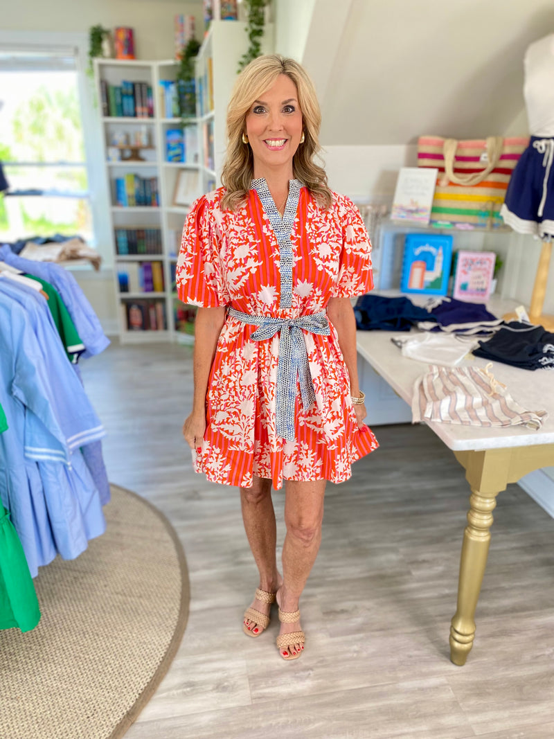THML Mixed Print Puff Sleeve Tie Waist Mini Dress