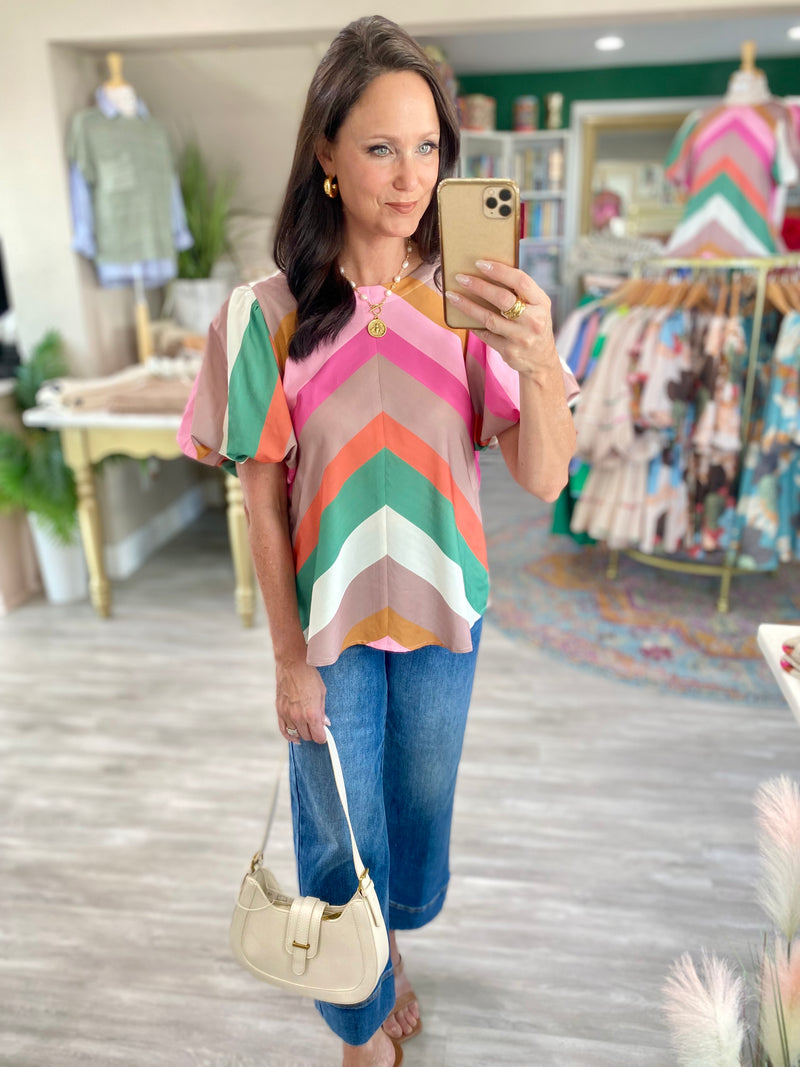 Diagonal Stripe Puff Sleeve Top