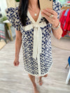 Embroidered Ruffle Sleeve Contrast Ribbon Dress