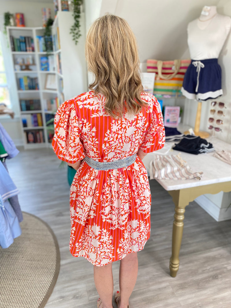 THML Mixed Print Puff Sleeve Tie Waist Mini Dress