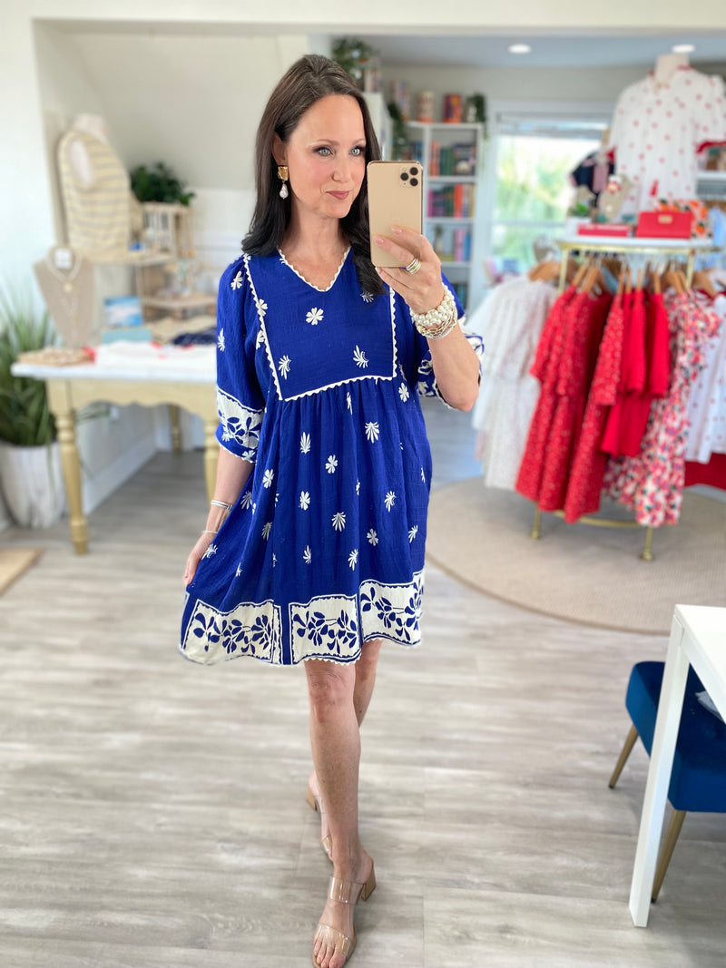 Two Tone Border Print Scalloped Trim Mini Dress