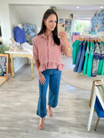 Stripe 3/4 Sleeve Ruffle Hem Top