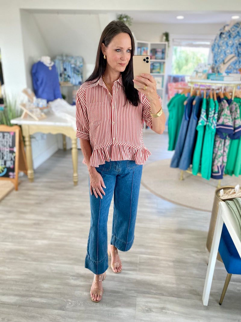 Stripe 3/4 Sleeve Ruffle Hem Top