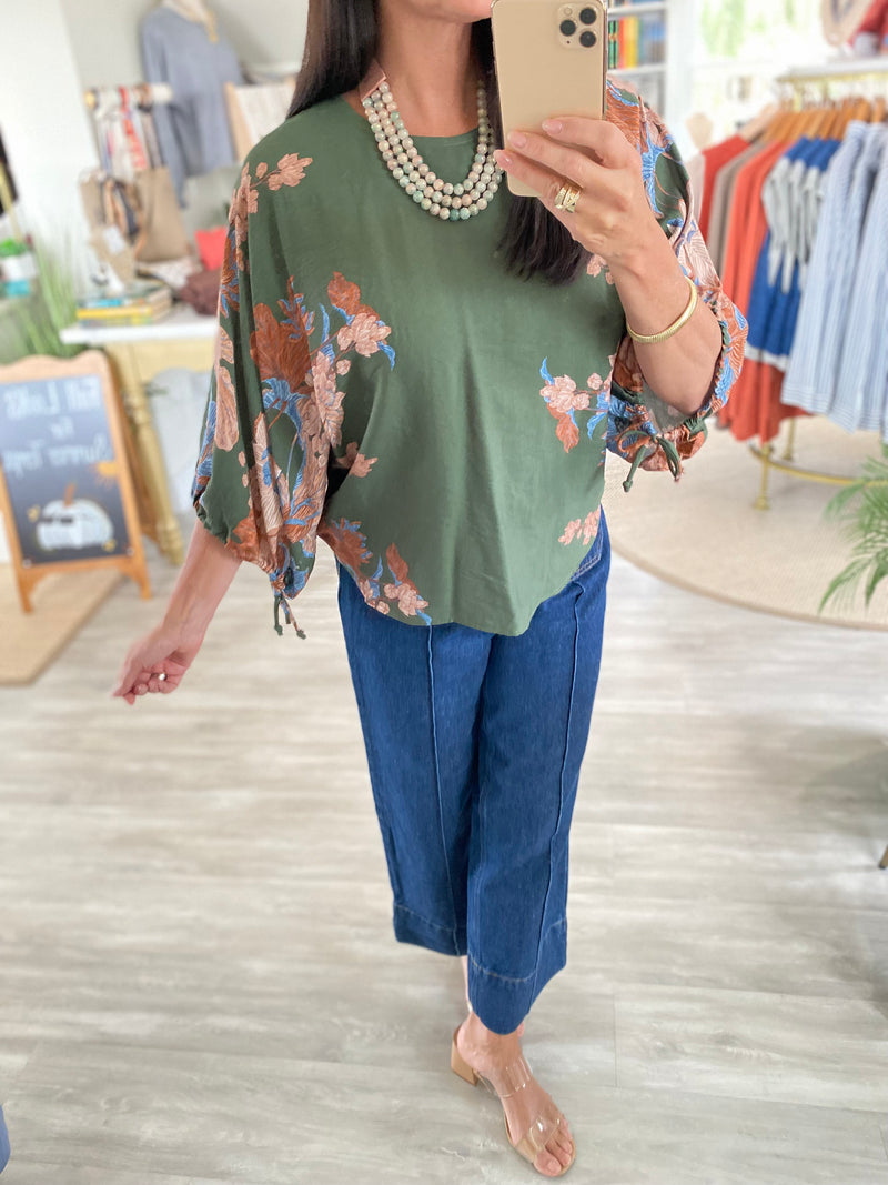 Botanical Print Dropped Shoulder 3/4 Sleeve Top