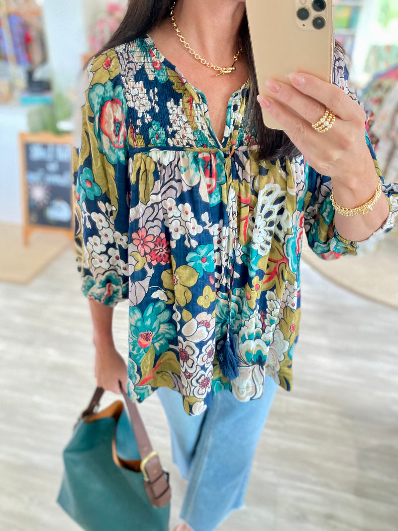 Floral Print Smocked Bust Front Tie Top