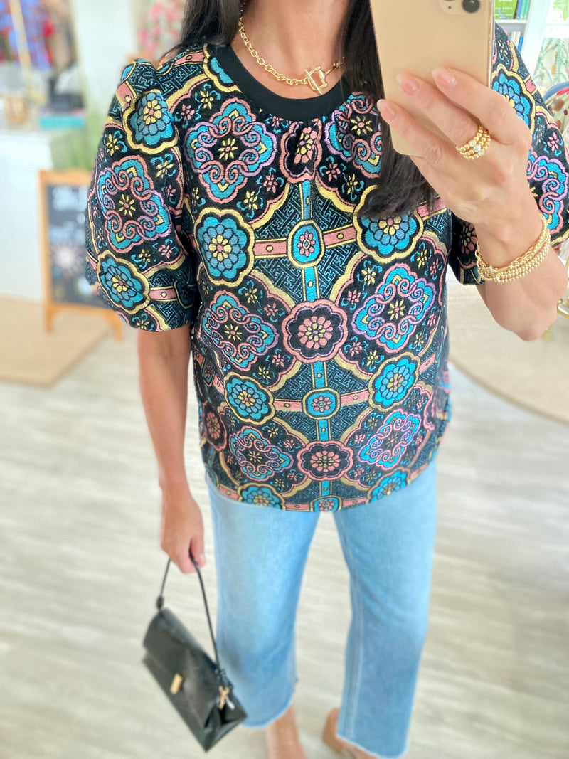 Puff Sleeve Mandala Jacqaurd Print Top