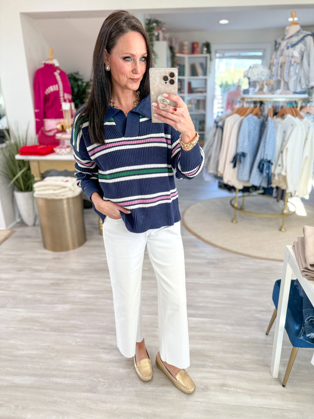 Mixed Stripe Collared V Neck Sweater