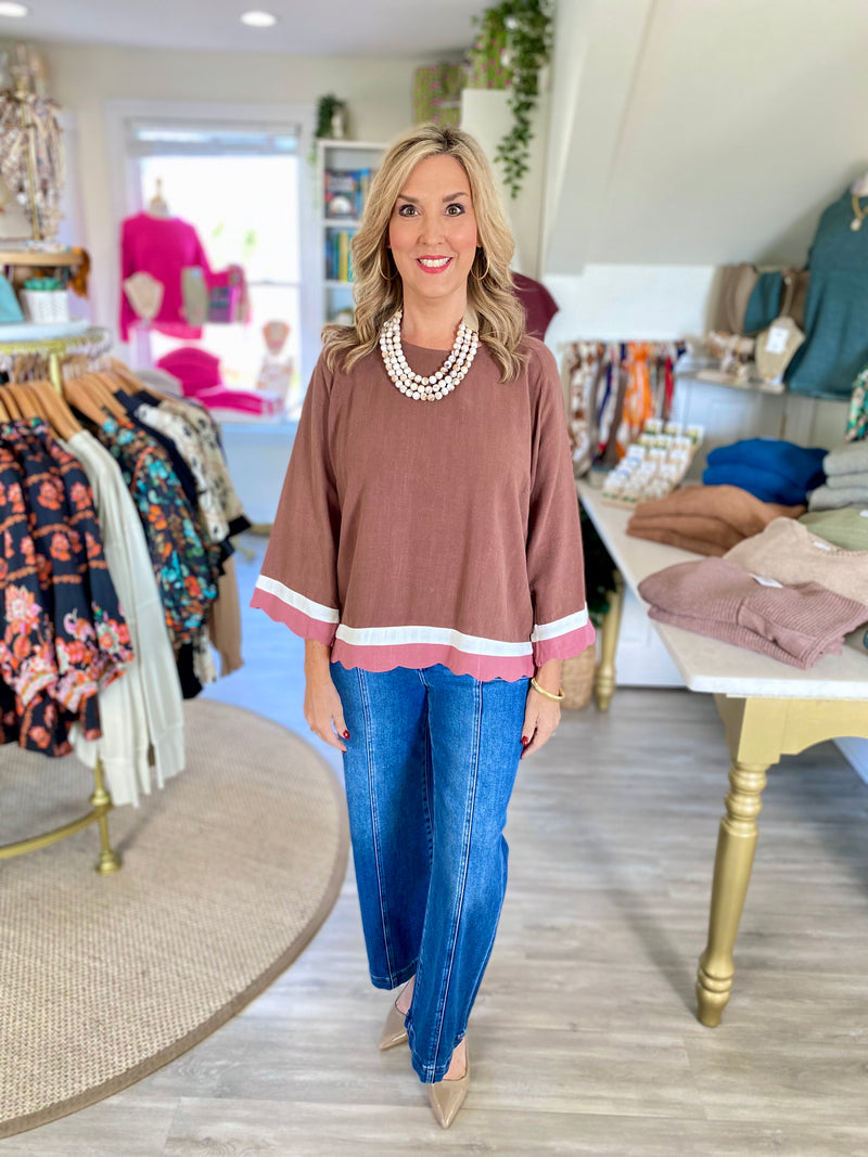 Linen Blend Scalloped Hem Color Block Top