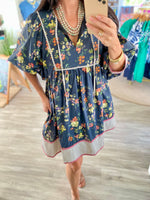 Floral Print Stripe Trim 3/4 Sleeve Front Tie Mini Dress