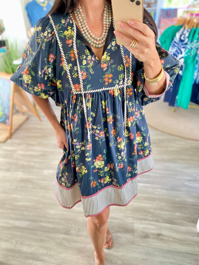 Floral Print Stripe Trim 3/4 Sleeve Front Tie Mini Dress
