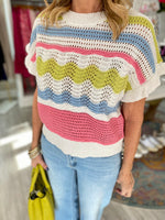 Short Ruffle Sleeve Stripe Knit Sweater