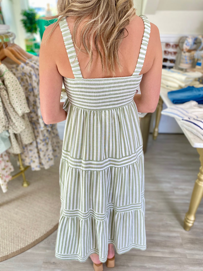 Stripe Pleated Bust Midi Dress