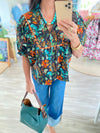 Floral Print Dolman Sleeve V Neck Top