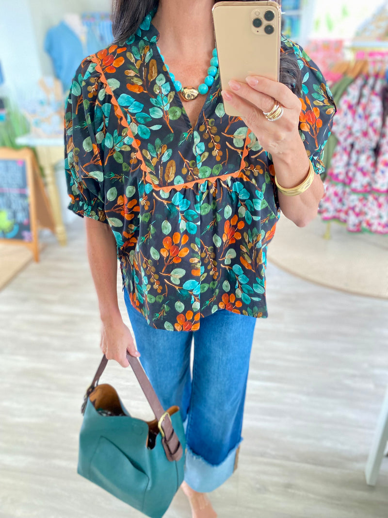 Floral Print Dolman Sleeve V Neck Top