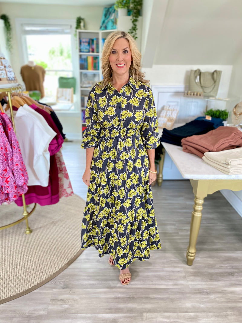 Floral Print Smocked Waist Long Sleeve Midi Dress