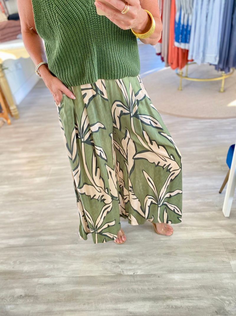 Tropical Leaf Print Wide Leg Pants