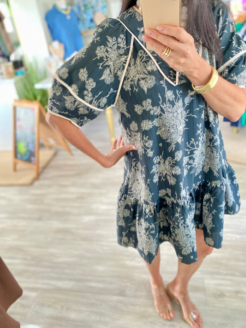 Floral Print Piping Detail V Neck Mini Dress