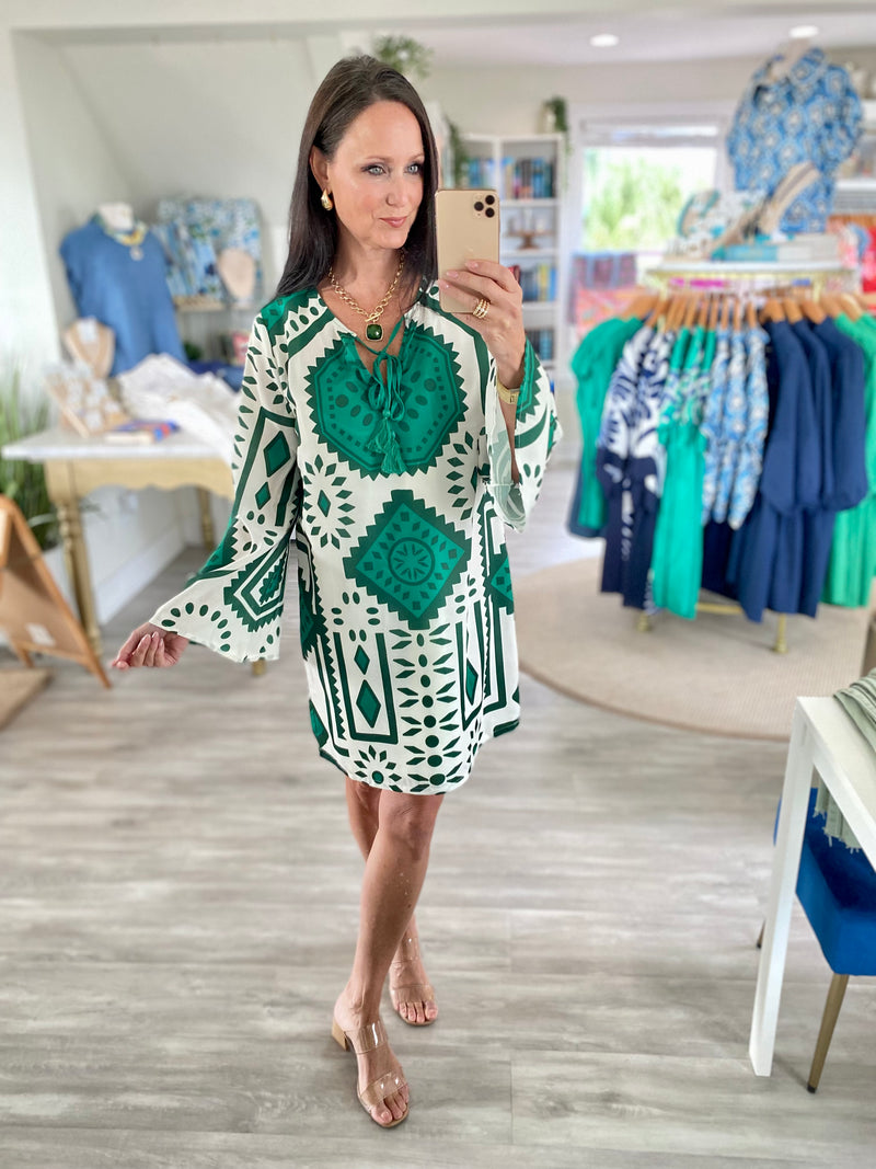Printed Long Bell Sleeve Front Tie Mini Dress