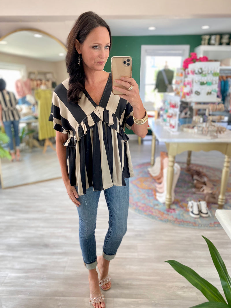 V Neck Stripe Satin Top