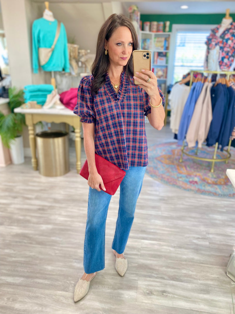 Plaid Ruffle V Neck Top