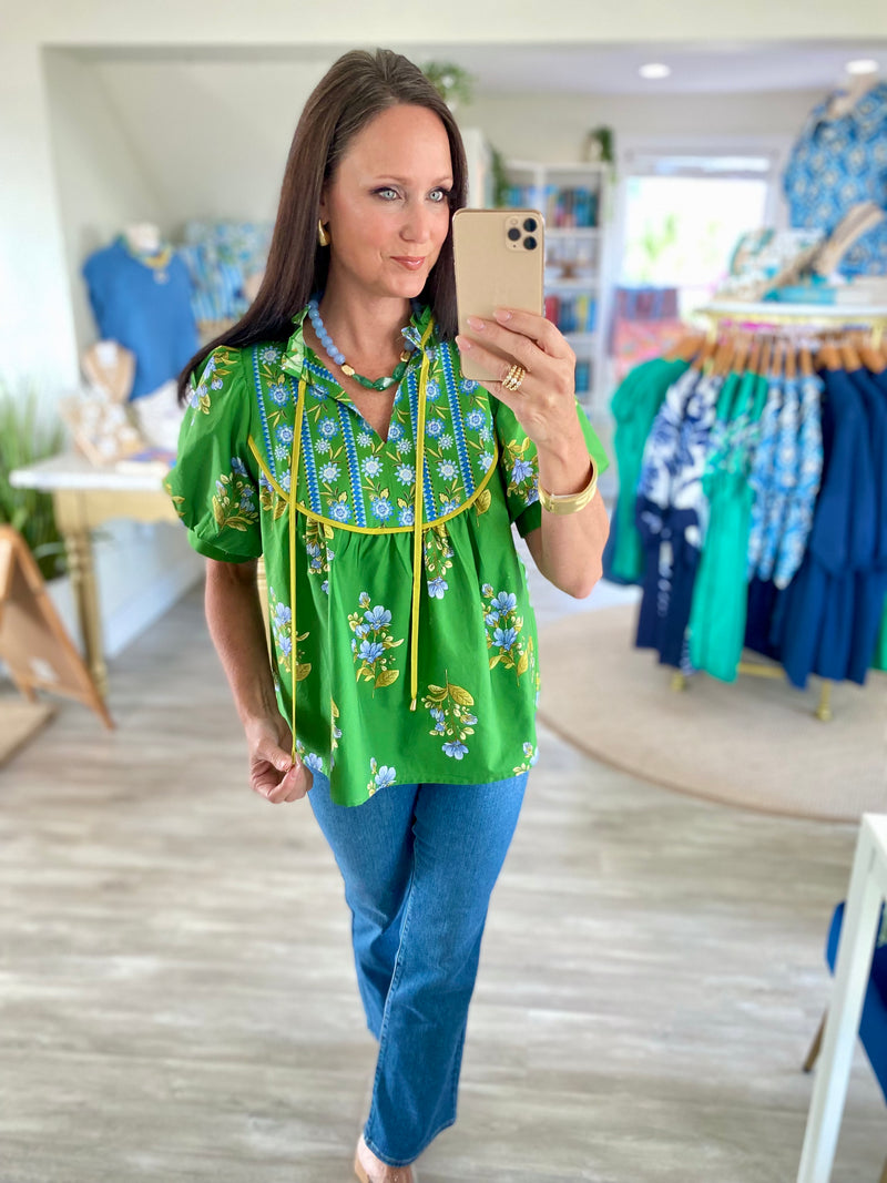 Mixed Floral Print Front Tie Short sleeve Top