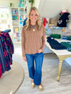 Ribbed Raw Edge Boat Neck Long Sleeve Top