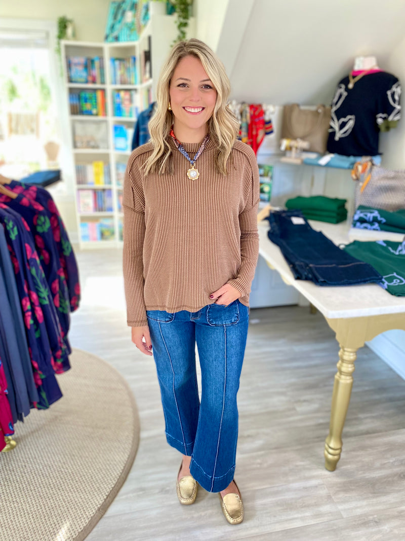 Ribbed Raw Edge Boat Neck Long Sleeve Top