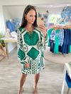 Printed Long Bell Sleeve Front Tie Mini Dress