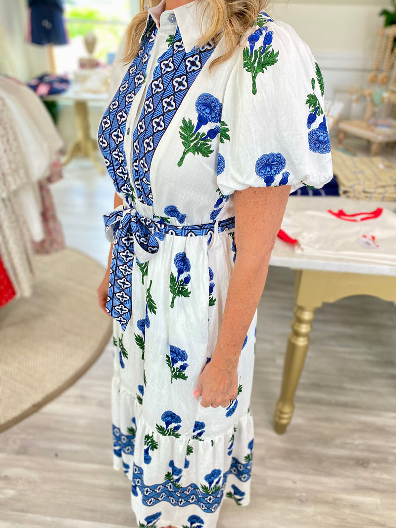 Mixed Floral Print Tie Waist Collared Midi Dress