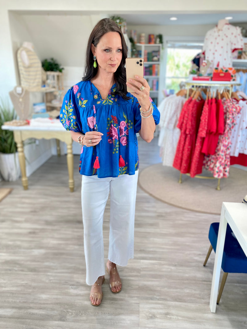THML Puff Sleeve Tassel Tie Flower Top