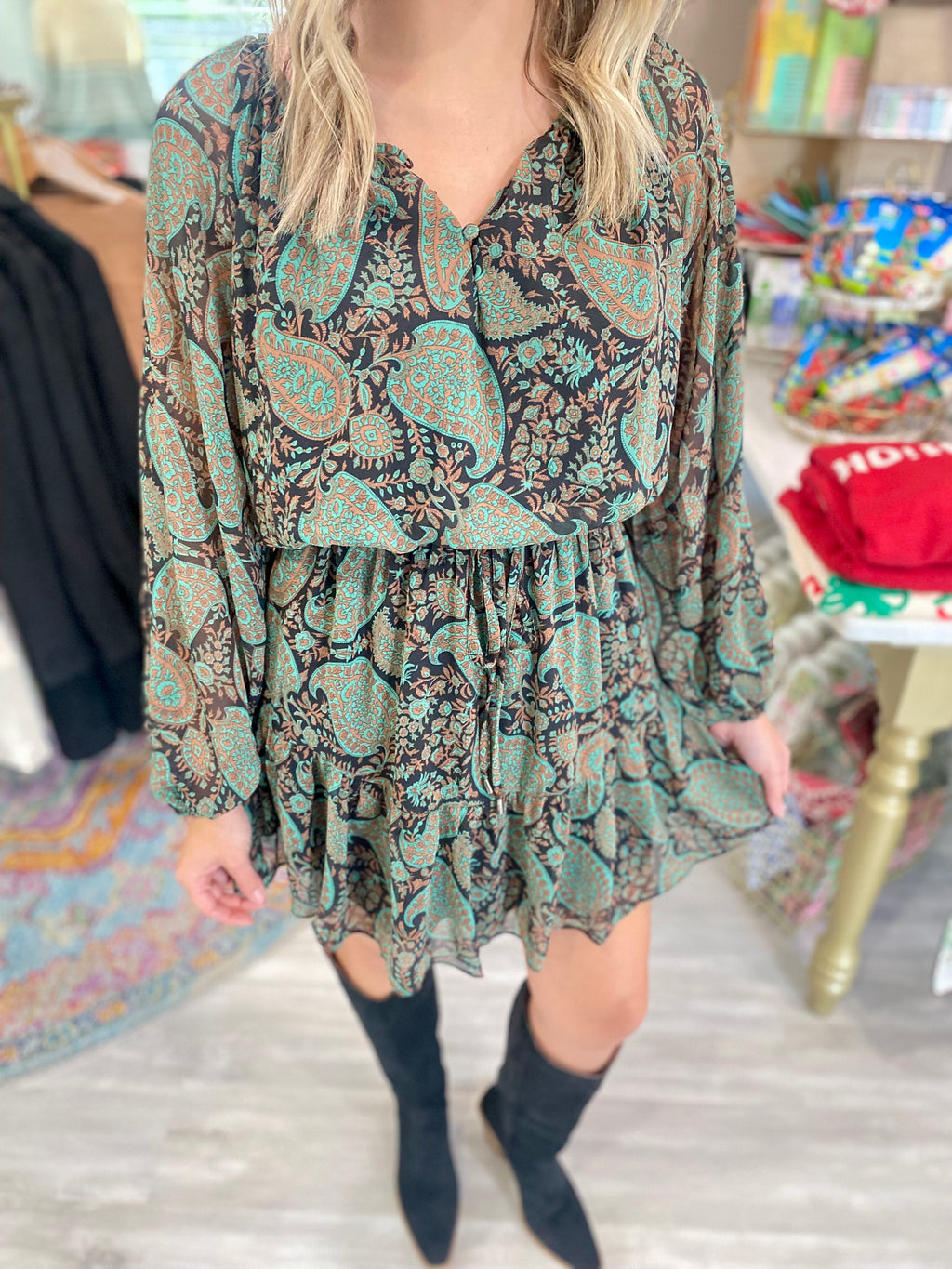 Paisley Print Elastic Waist Mini Dress