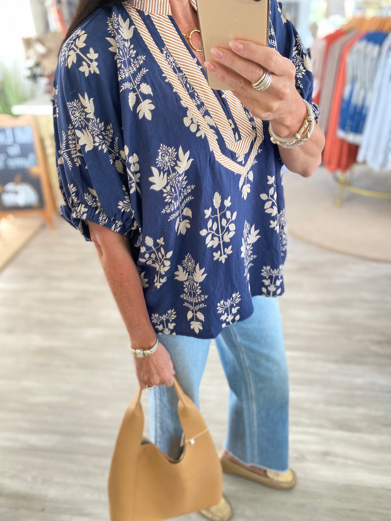 Botanical Print Stripe Trim Dolman Sleeve Top