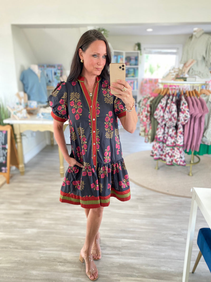 Floral Print Contrast Stripe Tie Waist Mini Dress