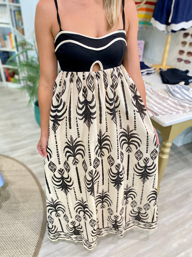 Two Tone Tropical Print Empire Waist Maxi Dress
