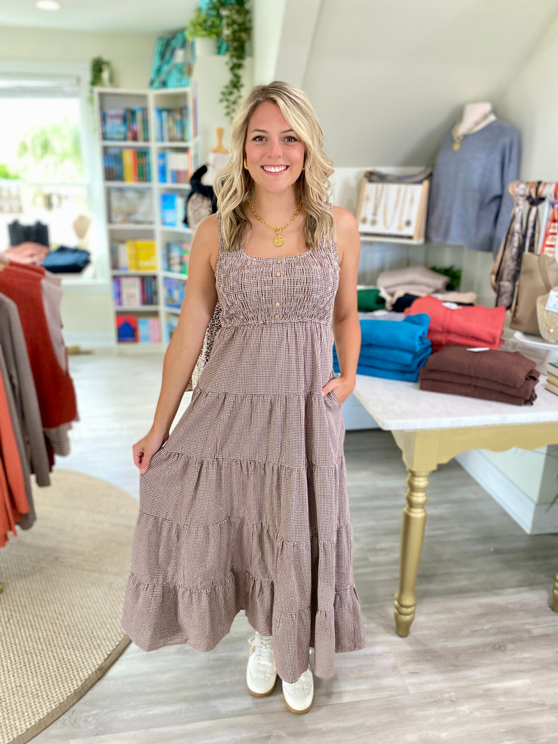 Smocked Bust Gingham Midi Dress