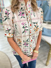 Vintage Botanical Print Ruffle Standup Collar Top