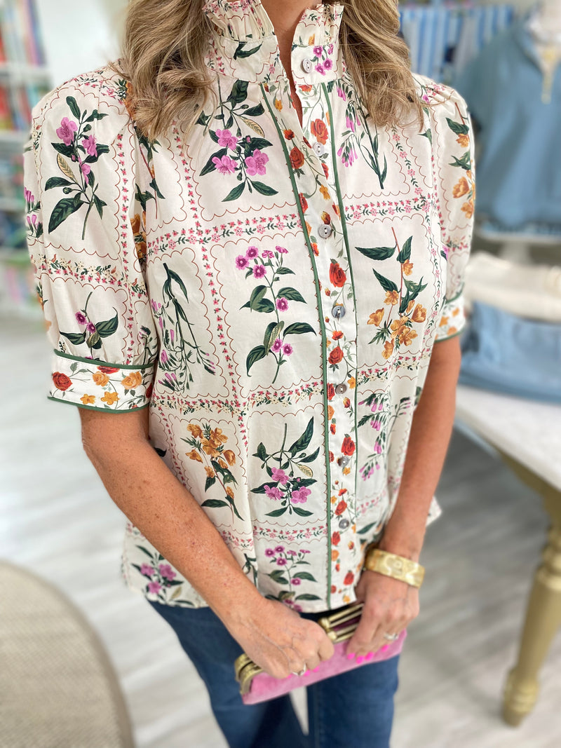 Vintage Botanical Print Ruffle Standup Collar Top