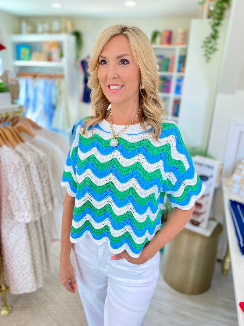 Wavy Stripe Scalloped Edge Lightweight Sweater