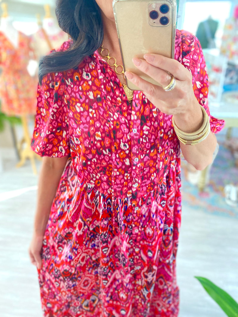 Mixed Print Button Down Midi Dress