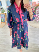 Floral Print Ruffle V Neck Midi Dress