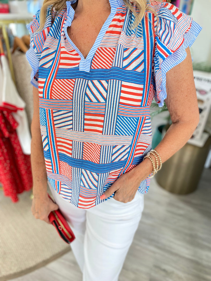 THML Mixed Stripe Flutter Sleeve Top