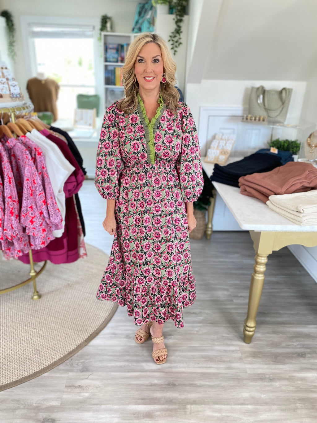Floral Print Ruffle V Neck Midi Dress