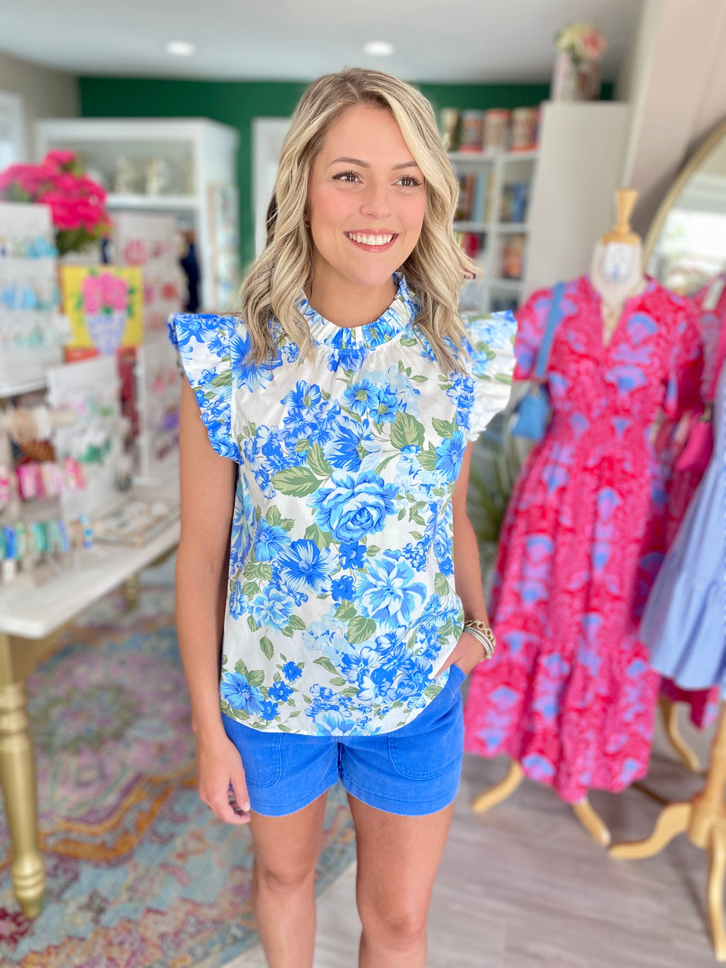 Truth Be Told Blue Floral Gabrielle Poplin Top