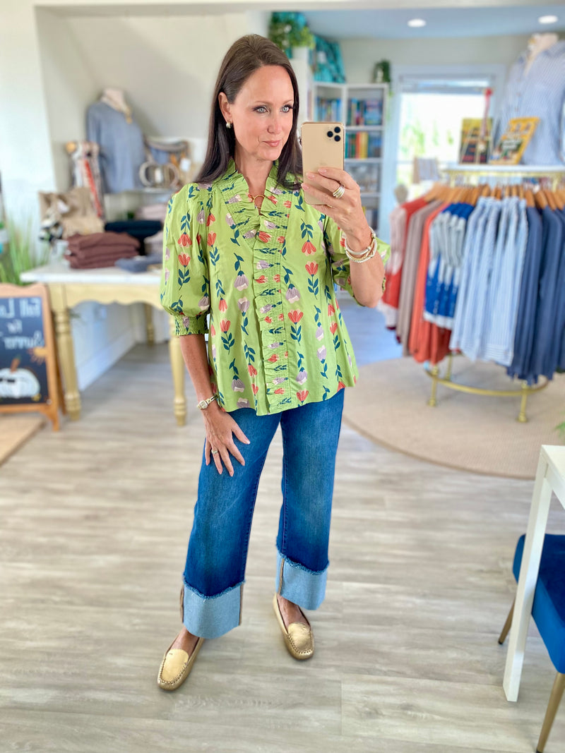 Floral Ruffle Surplice V Neck  Puff Sleeve Blouse