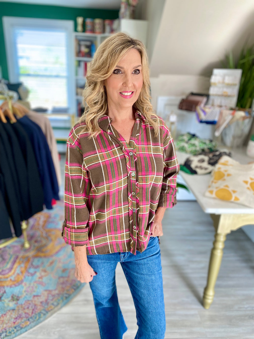 Plaid Dropped Shoulder Button Down Top